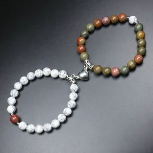 Bracciale di Coppia in Perline di Pietra Naturale Per Donna Uomo Attrazione Magnetica a Cuore Set Bracciale Amicizia Gioielli