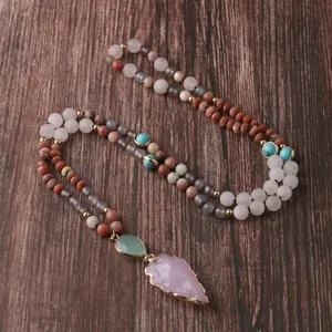 Collier Pendentif Pointe de Flèche en Perles de Quartz Rose Amazonite Bohème Pierre Naturelle Nouée à la Main Long pour Femme Homme