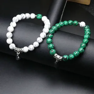 Braccialetti magnetici in pietra naturale per coppie con perle bianche e verde malachite