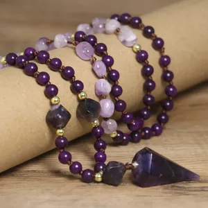 Natuurlijke Amethist Pijl Hanger Ketting Mala Gebedskralen Handgeknoopte Kralenketting Voor Mannen Vrouwen Spirituele Sieraden