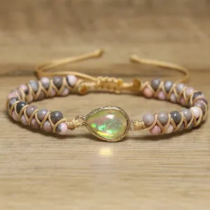 Bracelet en Perles de Pierre Naturelle Zèbre Rose Tressé Double Couche Bijoux Avec Inclusion d'Opale Goutte Style Bohême
