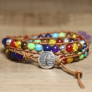 Bohemian multi-layer colorful natural stone wrap bracelet with silver tree of life charm