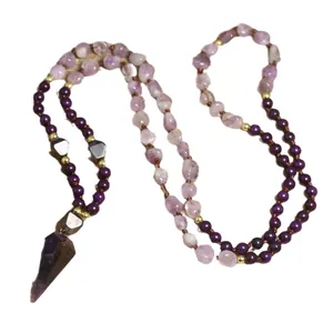 Handgemaakte Mala-ketting met amethist pijl hanger en paarse handgeknoopte kralen