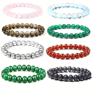 Set of eight 8mm elastic beaded bracelets featuring lava stone and natural gemstones