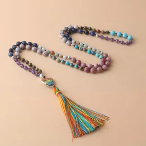 Collier de 108 Perles de Mala Bohème Pendentif en Pierre Impériale Naturelle Gland Coloré Colliers de Yoga Méditation Femmes Hommes Bijoux
