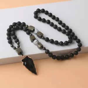 Collar para Hombre con Colgante de Punta de Flecha de Obsidiana Anudado a Mano Cuentas de Piedra de Lava Natural y Pirita Estilo Étnico