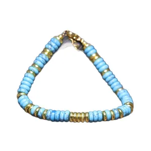 Bracciale regolabile in acciaio inossidabile con perle piatte blu stile turchese per donna