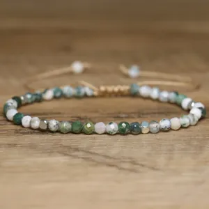 Natural Faceted Moss Agate Beads Bracelet For Women Handmade Woven Adjustable Braided Rope Bracelet Healing Gemstone Jewelry Gift
