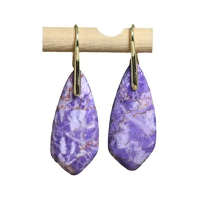 Exquisite purple natural stone teardrop dangle earrings with polished gold hooks