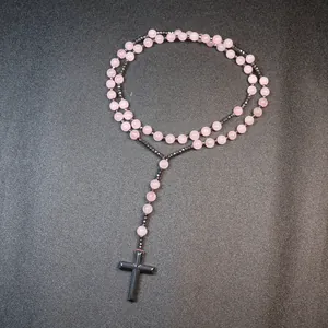 Handgemaakte 8mm rozenkwarts en hematiet kralen rozenkrans met kruis hanger