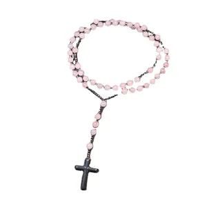 Handgemaakte rozenkwarts en hematiet kralen rozenkrans ketting met kruis hanger