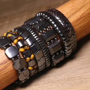 Premium black hematite magnetic therapy bracelets set featuring yellow tiger eye beads