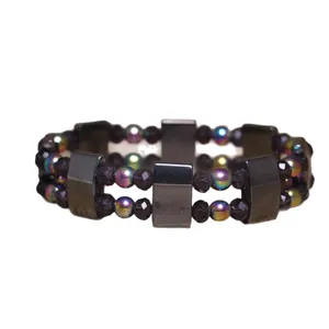 Iridescent hematite beaded double-layer stretch bracelet shown on white background