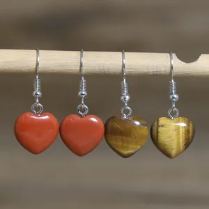Natural Stone Heart Pendant Earrings For Women Simple Elegant Copper Hook Ear Jewelry Rose Quartz Tiger Eye White Crystal Gift
