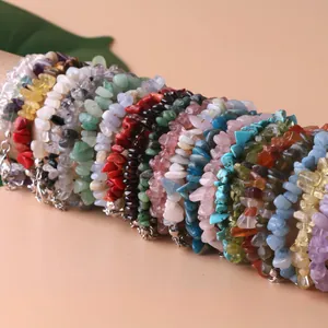 Various natural stone chip bracelets featuring rose quartz, amethyst, and aventurine.