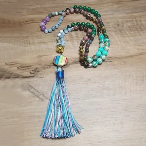 Collier 108 Perles Mala Fait Main Pierres Gemmes Multicolores Nouées à la Main Pendentif Gland Yoga Méditation Bijoux Bohème