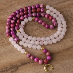 Collier Bracelet 108 Perles de Mala en Jaspe Impérial et Quartz Rose Naturel Bijoux Spirituels Ethniques Pendentif Croissant de Lune Or