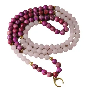 Collier 108 perles mala en jaspe impérial violet et quartz rose avec pendentif lune