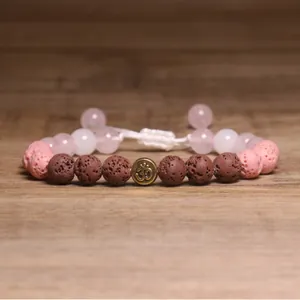 Handgemaakte Lavasteen Kralen Armband Met Om Symbool Bedel Verstelbaar Gevlochten Touw Koreaanse Mode Sieraden