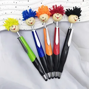 Detail of five colorful novelty pens with plush doll heads and touch screen stylus tips.