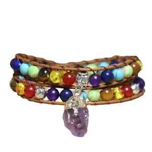 Handmade Bohemian colorful bead wrap bracelet with natural raw amethyst pendant