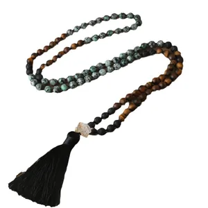 Handmade natural stone beaded necklace with turquoise, tiger eye beads and black tassel