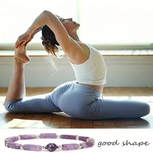 Amethyst energy bead bracelet presented alongside a wellness yoga lifestyle scene