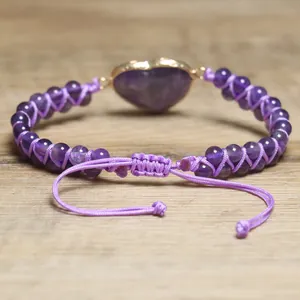 Bracelet fait main en améthyste avec pierre en forme de cœur et cordon réglable