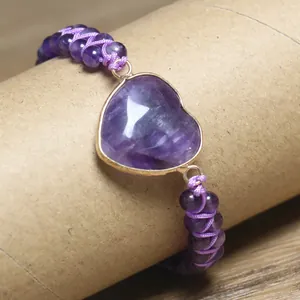 Bracelet tressé en améthyste violette naturelle avec pendentif coeur et cordon réglable