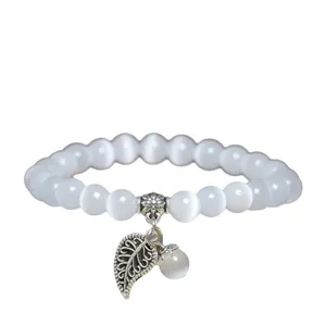 Elegant cat eye stone beaded bracelet with vintage silver leaf charm pendant for women
