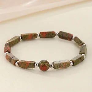 Handmade natural unakite stone energy healing bracelet with rectangular beads for women