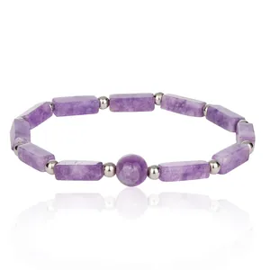 Natural Amethyst Gemstone Rectangular Beaded Bracelet For Women Healing Energy Stretch Bangle Crystal Jewelry Accessory