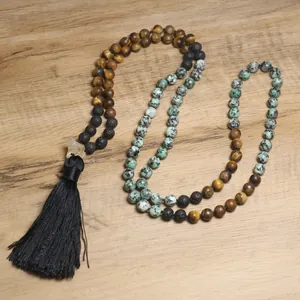 Collar de Borla con Cuentas de Piedra Natural Hecho a Mano para Hombres Mujeres Collar con Colgante Largo Étnico Bohemio de Piedra de Lava y Ojo de Tigre
