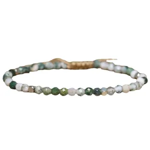 Handmade 4mm faceted natural agate beaded adjustable woven bracelet for women.