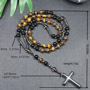 Naturstein Kreuz Anhänger Halskette Herren Hämatit Tigerauge Perlen Rosenkranz Gebet Schmuck Vintage Religiöser Stil Geschenk