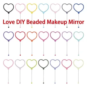 Korean Style Heart Shaped Handheld Mirror Portable DIY Beaded Handle Decorative Makeup Mirror For Women Girls Gift
