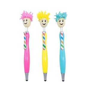 Simpatica penna a sfera testa di bambola con capelli mop e punta stilo arcobaleno