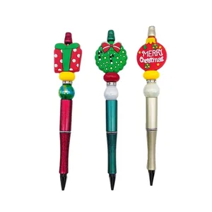 Set of 3 Christmas beaded ballpoint pens with festive charms and glitter pen body