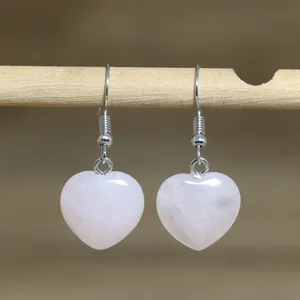 Minimalist natural rose quartz heart pendant drop earrings with silver metal hooks