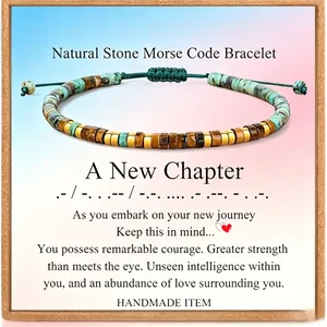 Natuursteen Morsecode Armband Handgemaakt Gevlochten Verstelbaar Boheems Heishi Kralen Armband Sieraden Cadeau Voor Heren Dames