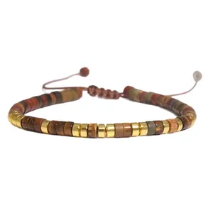 Verstelbare Morsecode armband met 2x4mm natuursteen kralen en gouden accenten