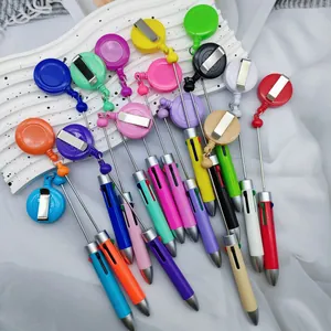 Retractable Badge Reel 4-Color Ballpoint Pen DIY Beaded Shuttle Pen With Metal Clip Business Gift Office Writing Stationery