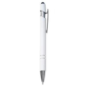 Minimalistische witte metalen balpen met stylus-punt en elegante zilveren afwerking