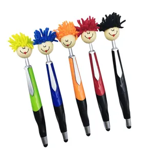 Set of 5 colorful plush doll head ballpoint pens with touch screen stylus function.