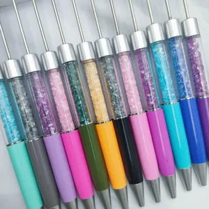 Colorful beadable ballpoint pens with transparent tubes filled with crushed crystal stones