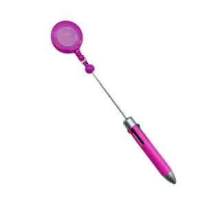 Retractable 4-color ballpoint pen with purple badge reel for office and gift use