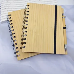 Natural Bamboo Cover Spiral Notebook With Matching Pen Eco-friendly Hardcover Ruled Journal For Business Office Study Stationery