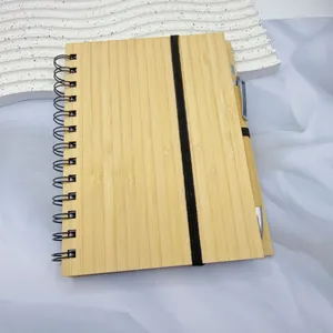 Eco-friendly bamboo cover spiral notebook 14x18cm with matching pen and black elastic strap