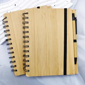 Eco-Friendly Bamboo Cover Spiral Notebook With Pen Wood Grain Office Student Stationery Writing Pad Business Gift