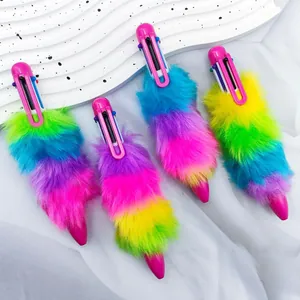 Bolígrafo Retráctil de 6 Colores Peluche Cola Degradado Arcoíris Papelería Creativa para Estudiantes Pluma Multicolor